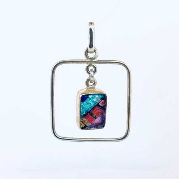 Estate 925 Sterling Silver Pendant with Colorful Dichroic Glass Art Jewelry - Picture 1 of 8